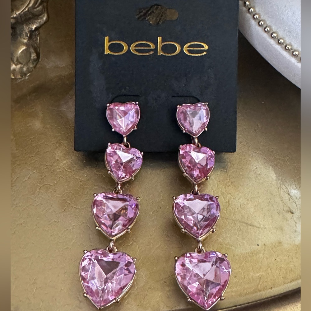 Baby pink heart earrings 4 heart dangle earrings pink gold tone Bebe